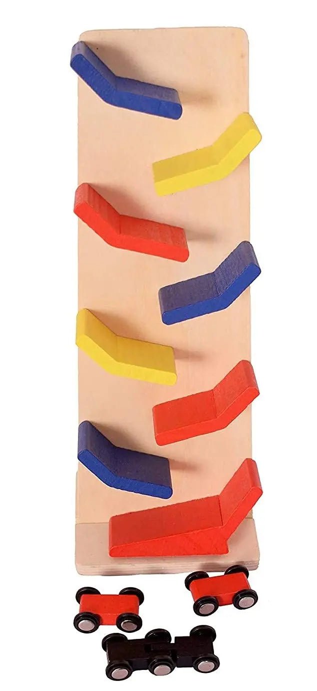 Wooden Slippery Racing Car Toy Game Race Zig Zak Track Drop Game Multicolor 12 inch Height - MyLittleTales