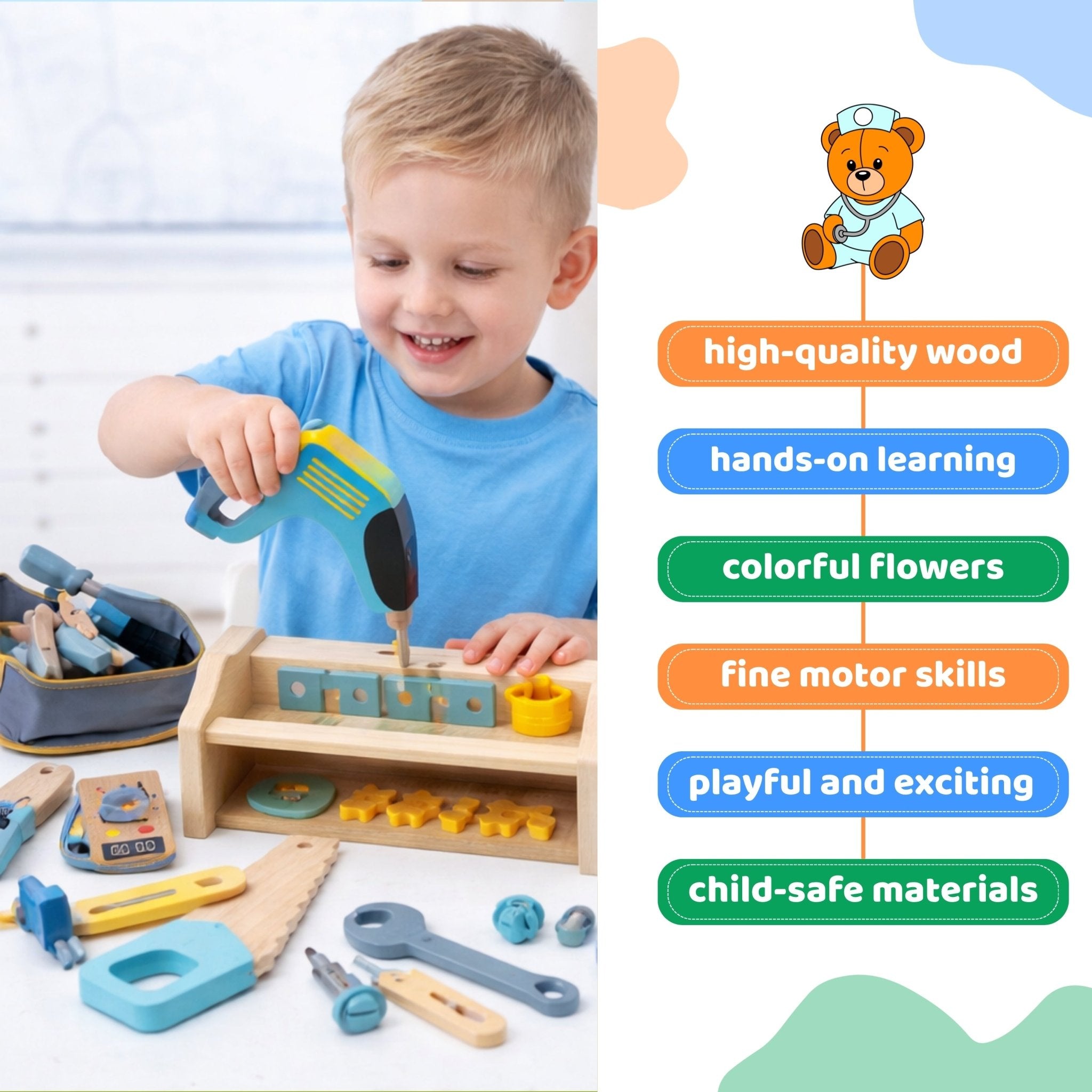Wooden Tool belt set Wood Construction Kit Drill Hammer Screwdriver, Preschool Montessori Learning - MyLittleTales