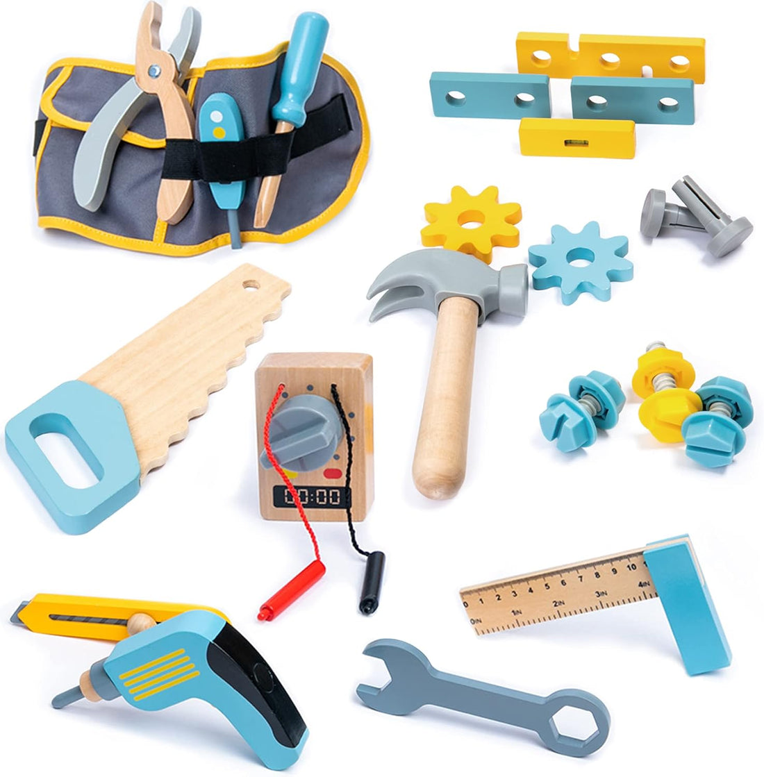 Wooden Tool belt set Wood Construction Kit Drill Hammer Screwdriver, Preschool Montessori Learning - MyLittleTales