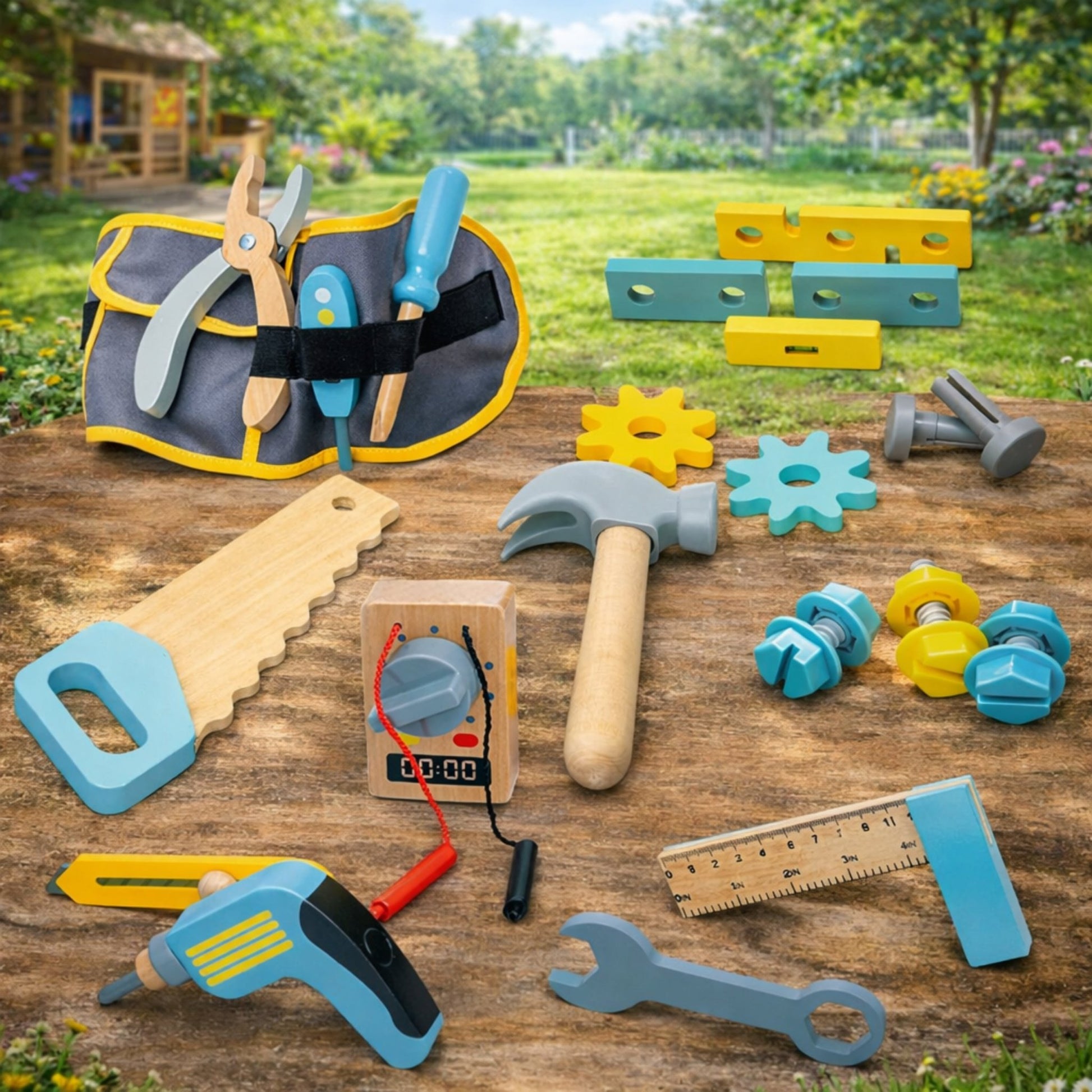 Wooden Tool belt set Wood Construction Kit Drill Hammer Screwdriver, Preschool Montessori Learning - MyLittleTales