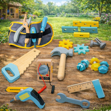 Wooden Tool belt set Wood Construction Kit Drill Hammer Screwdriver, Preschool Montessori Learning - MyLittleTales