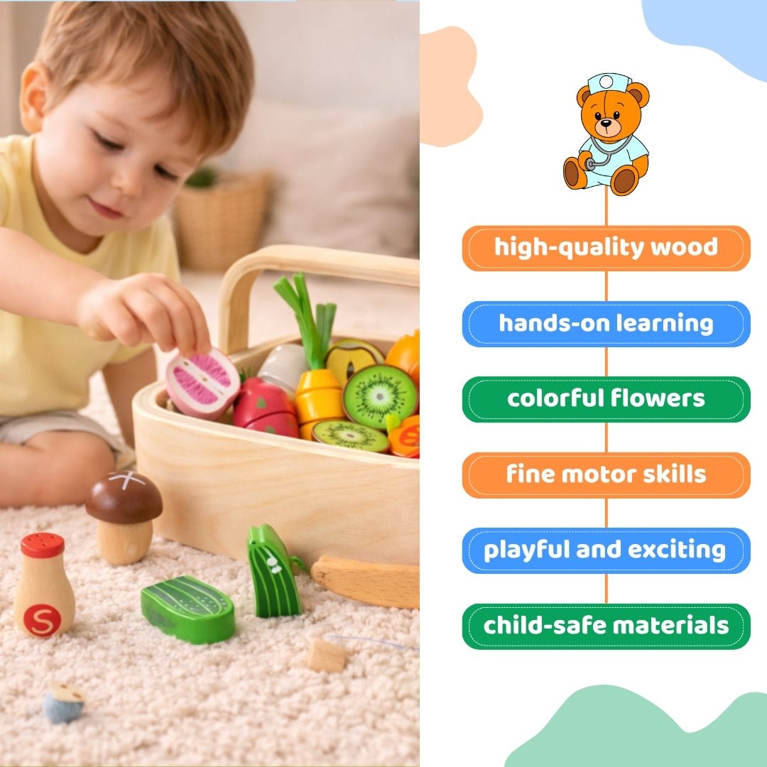 Wooden Vegetable Basket Pretend Cutting Vegetable Set with Wood Knife & Storage Basket - MyLittleTales