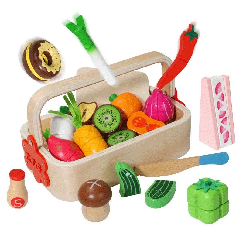 Wooden Vegetable Basket Pretend Cutting Vegetable Set with Wood Knife & Storage Basket - MyLittleTales