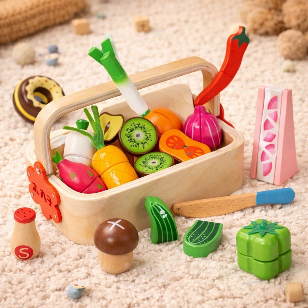 Wooden Vegetable Basket Pretend Cutting Vegetable Set with Wood Knife & Storage Basket - MyLittleTales