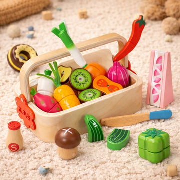 Wooden Vegetable Basket Pretend Cutting Vegetable Set with Wood Knife & Storage Basket - MyLittleTales