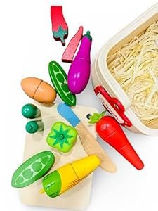 Wooden Vegetable Basket Pretend Cutting Vegetable Set with Wood Knife & Storage Basket - MyLittleTales